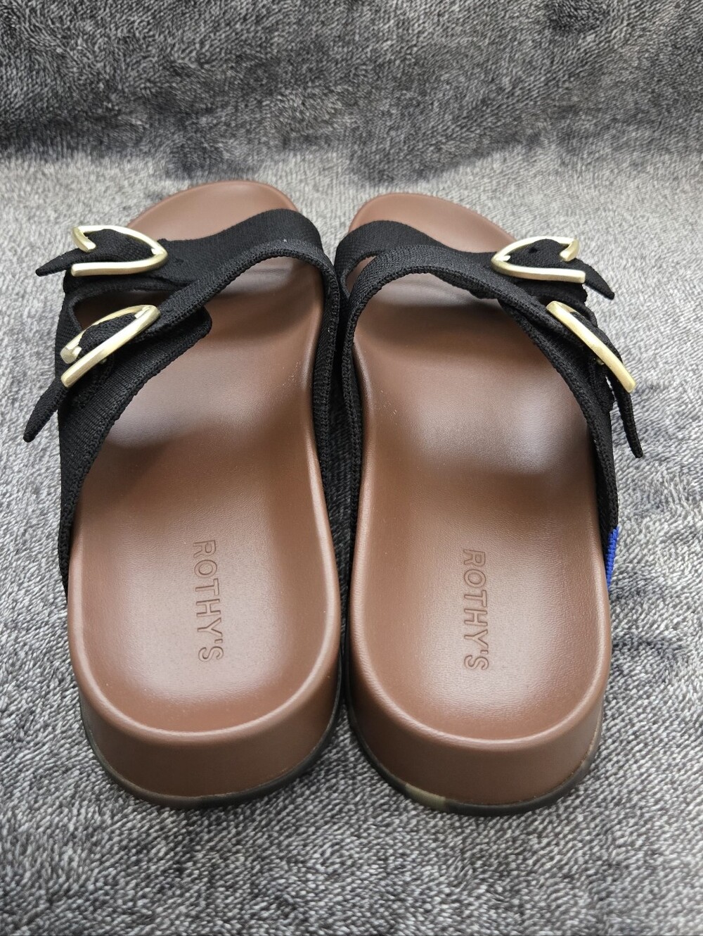 Rothy's The Buckle Slide Black Knit Sandal Gold Hardware Size 10 Washable - Picture 5 of 12